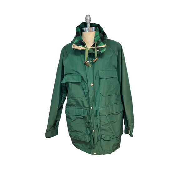 Vintage 1950s L.L. Bean Green Hooded Parka Jacket Coat Plaid Wool Lining Medium - Picture 1 of 6